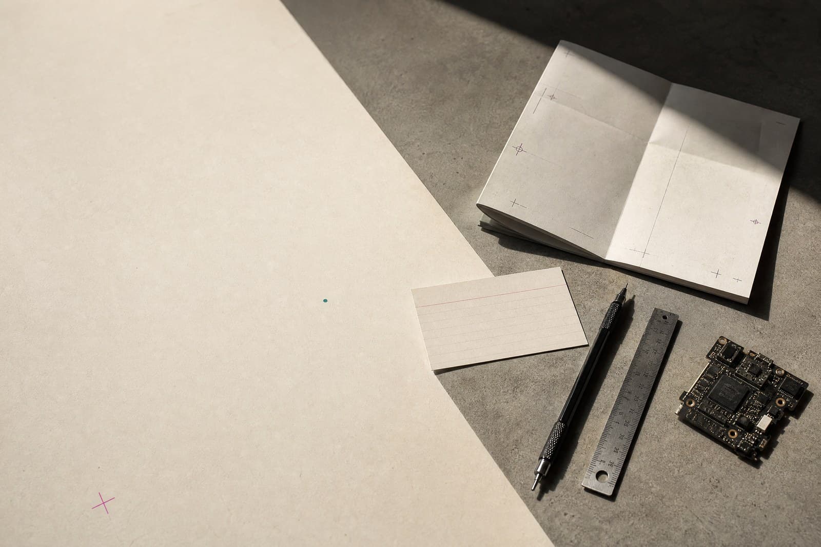 Paper, a ruler, a circuit board, and registration marks under hard light