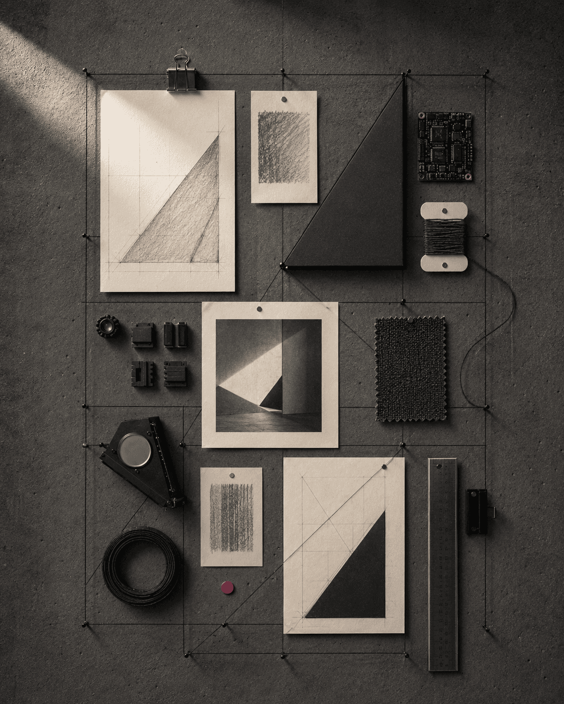 Paper, a ruler, a circuit board, and registration marks on a working surface