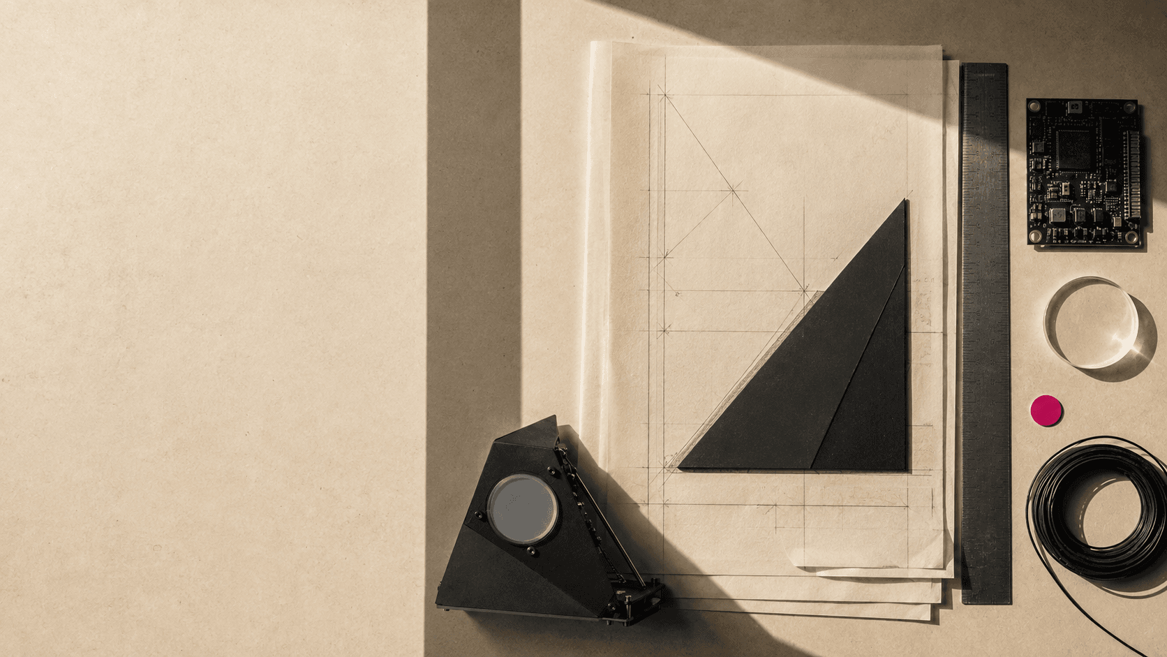 Paper, technical drawings, a drafting triangle, ruler, and electronics arranged under hard light