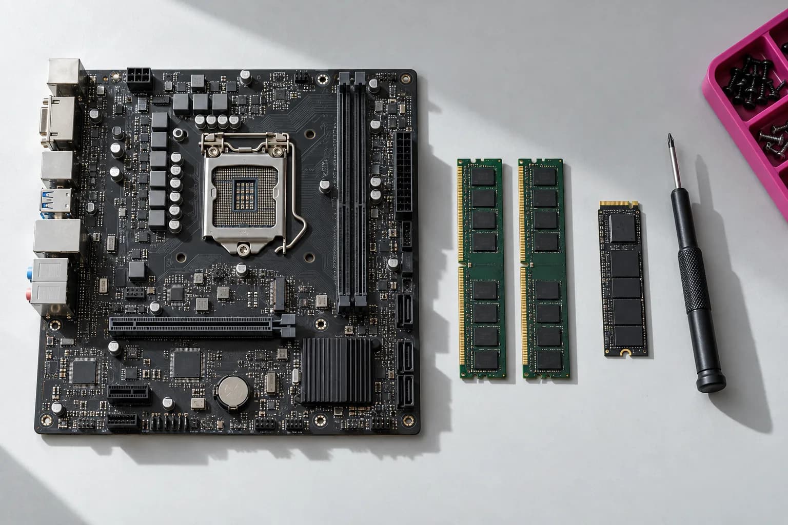 Illustrative top-down study of a desktop motherboard, memory modules, storage, and a screwdriver
