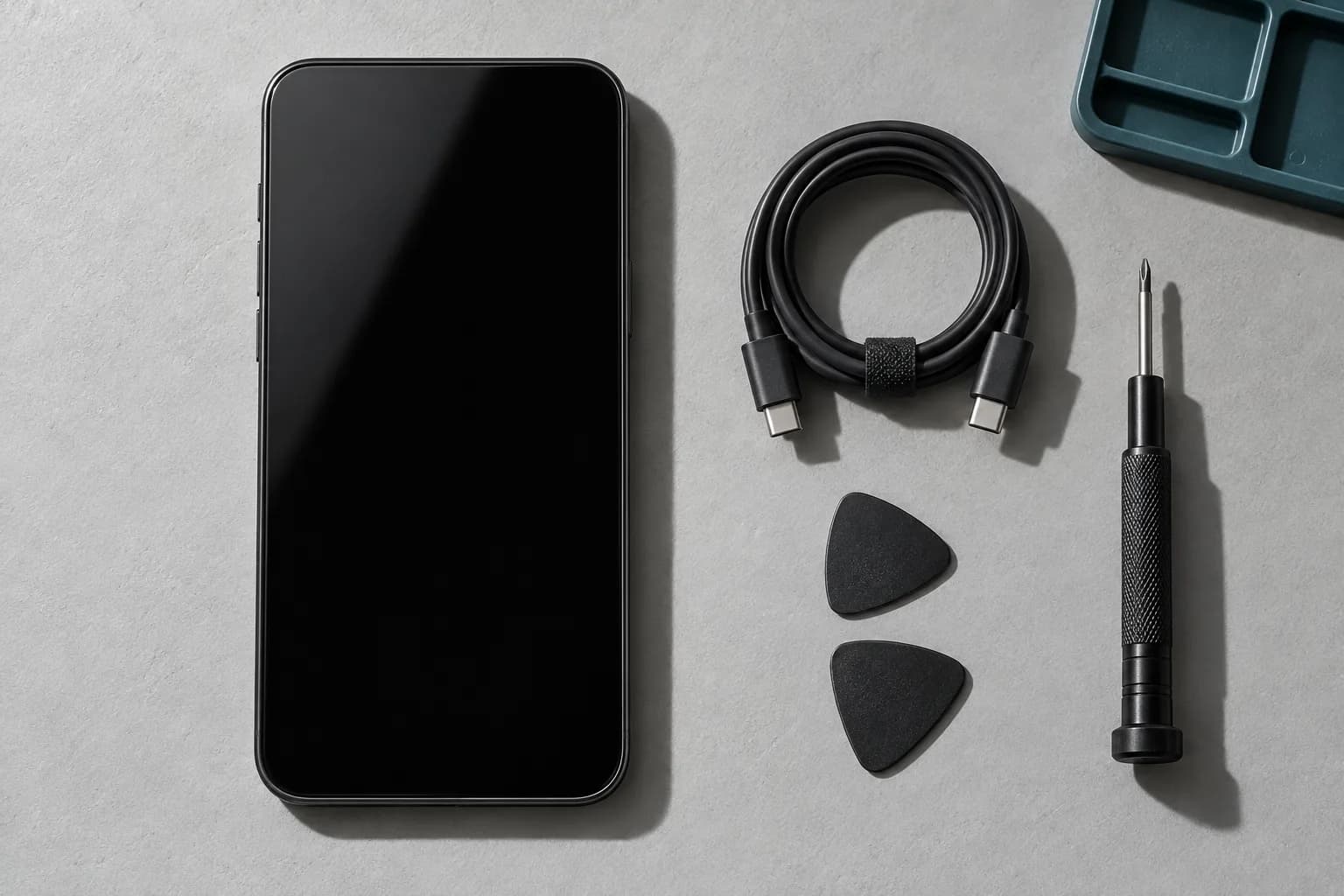 Illustrative unbranded smartphone with its screen off, a USB-C cable, and opening tools