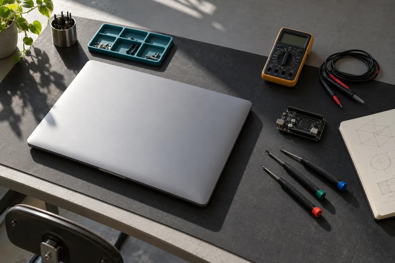 Illustrative technical still life of a closed laptop, meter, small circuit board, and precision tools