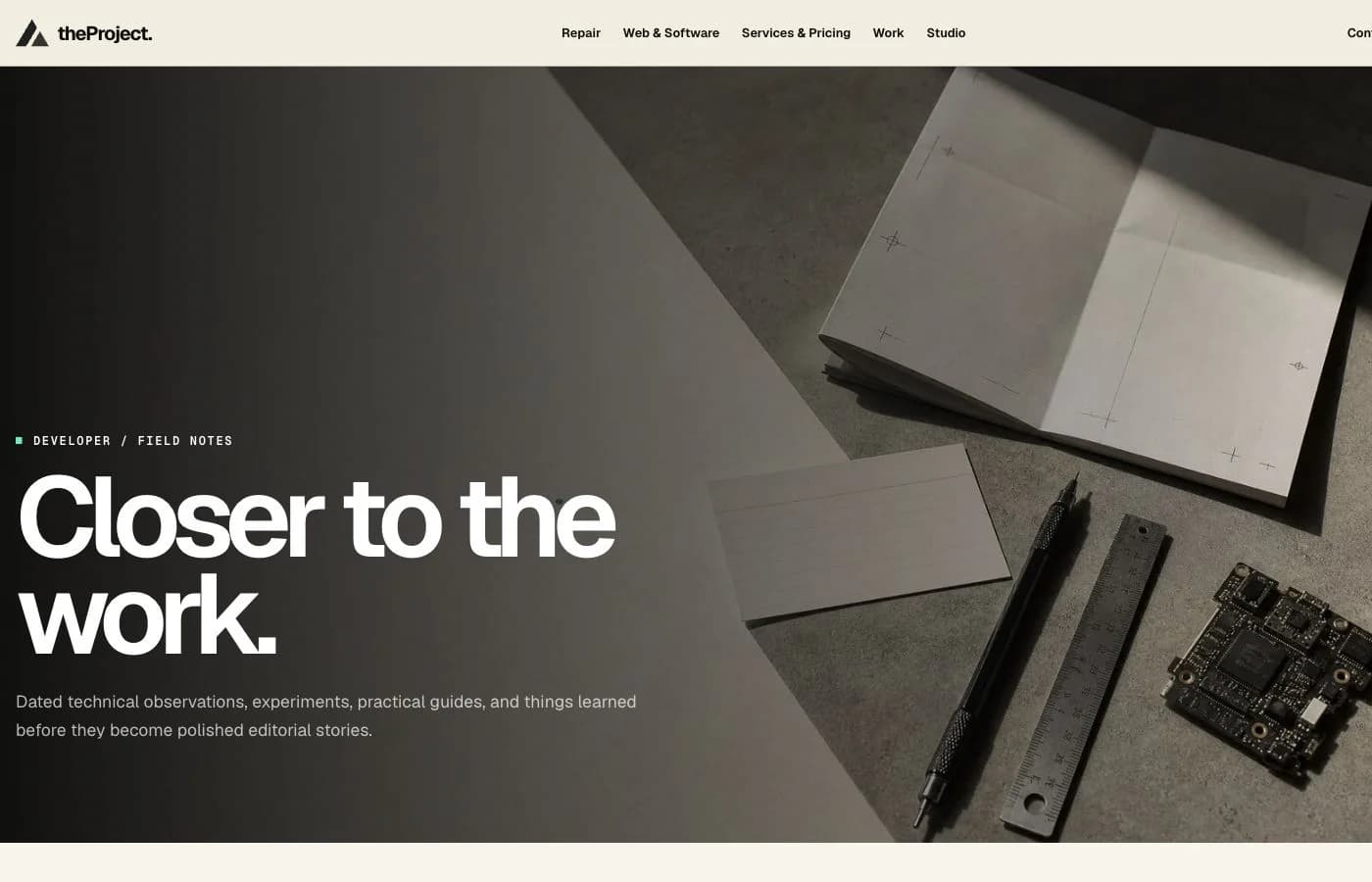 Screenshot of the studio’s public Field Notes website, with a paper-and-electronics editorial image and the title Closer to the work