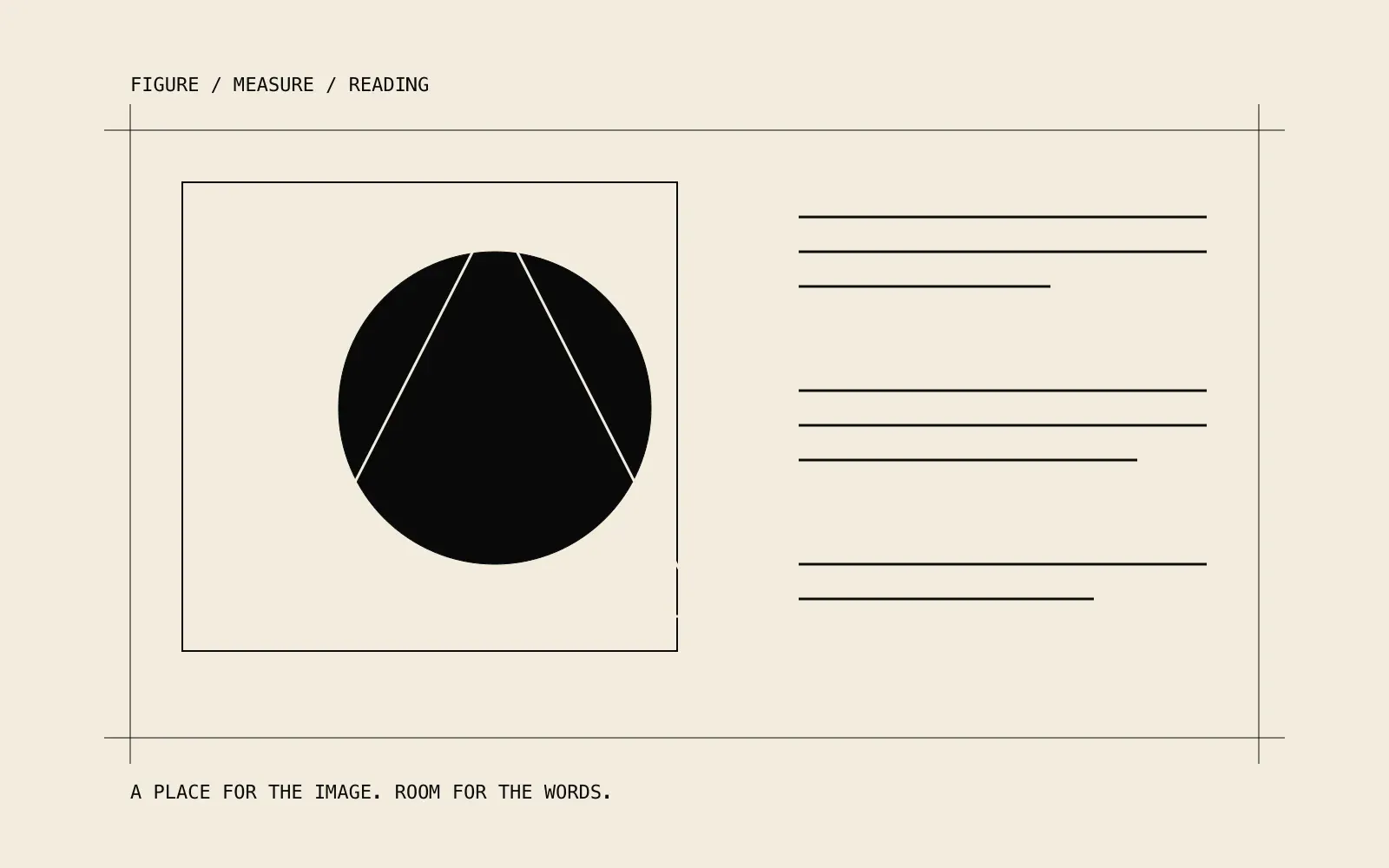 Geometric study pairing a framed circle and triangle with measured lines of text
