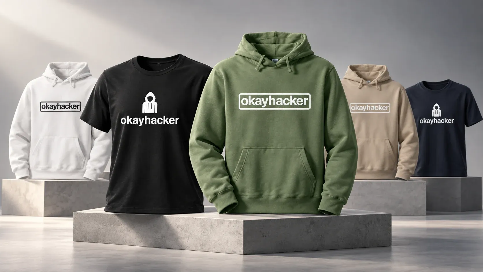 okayhacker apparel identity showcase with shirts and hoodies